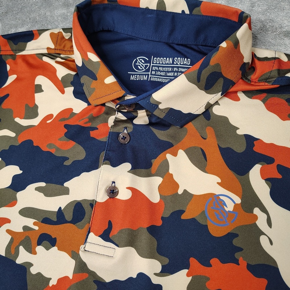 Googan Squad Polo Shirt Men's M Camo Performance Short Sleeve Fish Bait Hiking